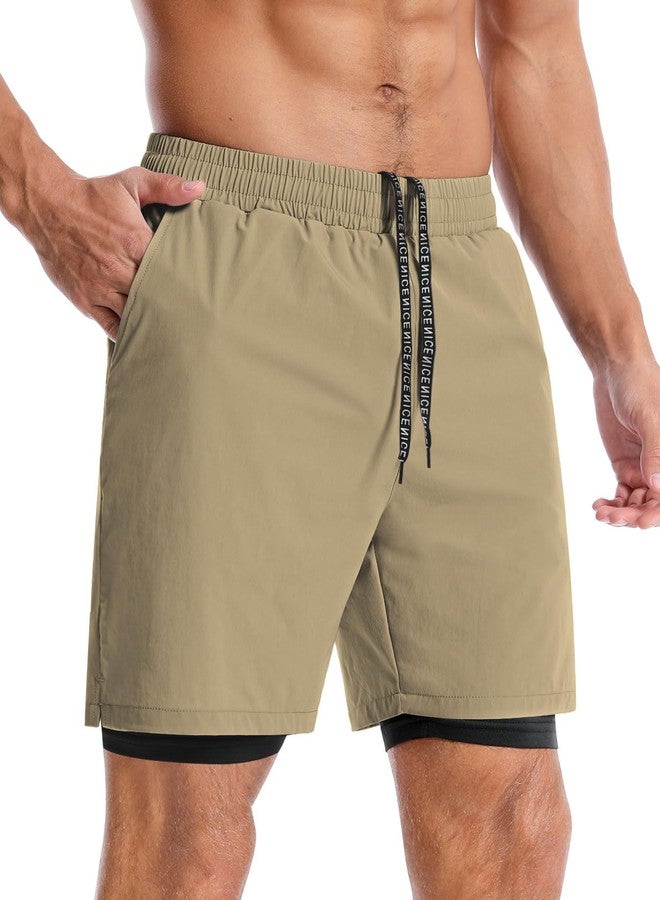 Aolesy Men’s 2 in 1 Running Shorts 7 Inch Quick Dry Workout Gym Shorts with Pockets Tennis Training Athletic Shorts with Liner for Men Khaki - Image 4